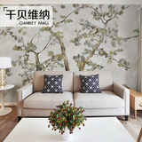 千贝手绘中式树鸟油画温馨卧室壁画 定制电视沙发背景墙壁纸墙纸