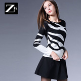 ZK旗舰店女装2016冬装新款黑白条纹修身套头毛衣圆领针织衫打底衫