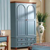 地中海儿童两门实木衣柜 卧室蓝色衣柜环保家具整体衣橱美式风格