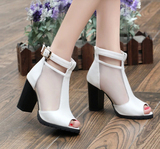 夏季新款女鞋短靴马丁靴鱼嘴网纱镂空粗跟高跟凉靴性感欧美白色潮