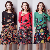 森女中国风2016春装新款韩版大码民族风女装印花中长款连衣裙