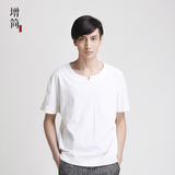 增简中国风夏季大码男士白色圆领纯棉短袖中式宽松半袖纯色男T恤