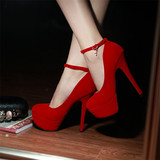 红色夜店鞋超高跟14cm女鞋放水台细跟婚鞋圆头新娘鞋婚宴鞋结婚鞋