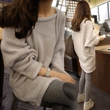 韩国sz代购女装时尚宽松休闲针织衫舒适圆领套头中长款毛衣外套潮