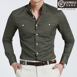 韩国代购男装时尚韩版男士纯色修身男衬衣潮男子个性商务休闲衬衫