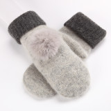 2015新品兔毛球手套女冬天学生韩版可爱全指连指羊毛双层加厚保暖