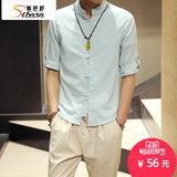 中国风盘扣亚麻衬衫男大码七分袖夏季纯色修身棉麻料短袖衬衣男士