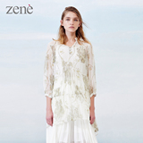 ZENE原创设计印花拼接长袖衬衫式真丝桑蚕丝连衣裙长裙大牌