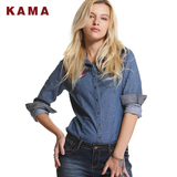 KAMA 卡玛 冬季款女装 格子拼接长袖美式休闲牛仔衬衫 7414857