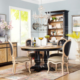 美式乡村实木复古黑色做旧高档圆形餐桌雕花餐椅组合法式别墅家具