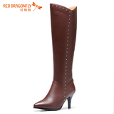 红蜻蜓女鞋 2015冬季新款时尚铆钉高跟鞋高筒女靴尖头细跟长靴子