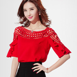 时尚女装大红色高腰雪纺衫2016夏季新款气质性感镂空短袖上衣T恤