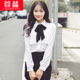 长袖衬衫女韩版2016春装新款学生雪纺修身纯色衬衣百搭气质打底衫