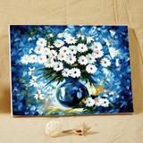 蓝色花瓶与雏菊自油自画diy数字油画抽象画花卉亚麻画布客厅装饰