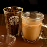 星巴克耐热双层玻璃咖啡杯茶杯创意透明带盖马克杯水杯子正品加厚
