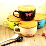 创意麦片碗卡通早餐杯泡面碗带盖陶瓷大号泡面杯汤碗套装日式餐具