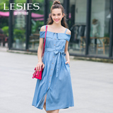 蓝色倾情 2016夏新款女装 双肩带柔软系带设计露肩连衣裙 LS56652