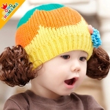 春秋季婴儿帽子宝宝毛线帽0-1-2-3-4岁儿童假发帽女秋 公主帽套头