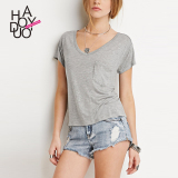 Haoduoyi2016春夏新款  欧美性感V领单口袋 纯色百搭修身短袖T恤