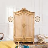 法式新古典欧洲进口白榉木家具 木色金箔雕花卧室双门大衣柜Q