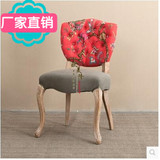 新款法式美式乡村印花麻布影楼梳妆椅北欧现代简约实木餐椅书椅