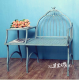 美式乡村复古旧蓝连体花架铁艺做旧花架椅花园椅双层置物架连体椅