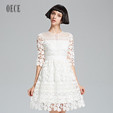【F】Oece2016春装女装新款 透视拼纱圆领收腰水溶蕾丝连衣裙161T