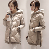 韩版2015冬装新款羊羔毛连帽纯色加厚中长款修身羽绒服女保暖外套