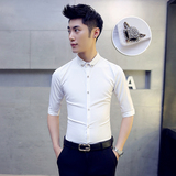 夏季男士短袖衬衫韩版修身型男夜店七分袖潮流印花衬衣发型师男装
