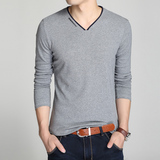 秋季新款韩版男装薄款v领男士长袖T恤修身 纯色青年大码打底衫潮