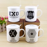 EXO韩国明星组合logo杯子 新骨瓷马克杯 陶瓷杯水杯 带盖带勺包邮