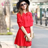 夏季新款女装2016韩版修身收腰中长款a字裙时尚红色雪纺连衣裙