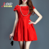 夏季新款红色小礼服连衣裙一字领修身显瘦复古连衣裙公主裙蓬蓬裙