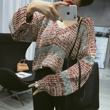 【EC】2016秋装新品 韩版混色粗线V领套头镂空宽松长袖毛衣 女 H2