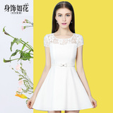 2015春季新款韩版气质显瘦拼接雪纺A字裙女短袖白色蕾丝连衣裙夏