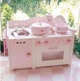 新款儿童木制仿真过家家厨房玩具 木质煤气灶粉色大厨房 蔬菜锅