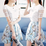 雪纺套装女夏季韩版印花小清新学生短袖A字显瘦短裙连衣裙两件套