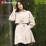 Soneed韩版2016春装新款女装纯色宽松灯笼袖长袖中长风衣UC5050媱
