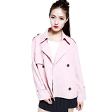 2016春季新款韩国原单修身夹克粉色双排扣茧型短款纽扣风衣外套女