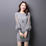 2016春季新款针织衫女韩版修身蕾丝镂空灯笼袖打底衫中长款毛衣女