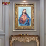 西方古典纯手工绘油画耶稣圣心月圣母子家居玄关有框实木装饰画