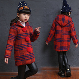 2015冬季女童韩版新款羊毛呢子大衣连帽格子加厚修身保暖女孩外套