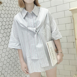韩版学院风宽松撞色条纹领带衬衫 口棉质休闲短袖衬衣女学生夏装