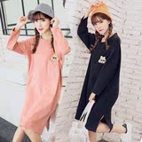 韩国代购2016春装新款女装卫衣女中长款套头大码宽松圆领纯色长袖