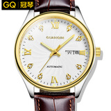 香港冠琴 商务男士手表全自动机械表 防水双日历男表真皮带时装表