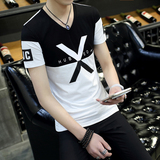 短袖T恤男士青少年韩版修身学生V领体恤男生夏季潮流男装半袖衣服