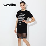 Westlink/西遇2016春季新款 欧美潮范显瘦中长款拼网布短袖连衣裙