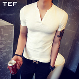 时尚韩版修身潮男T恤纯色v领百搭休闲短袖夏季青年简单个性打底衫