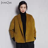 JANiQUE设计师原创九分袖毛呢外套女落肩青果领纯色简约毛呢大衣