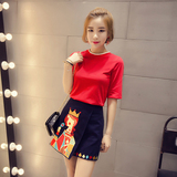 2016夏季新款 韩版修身显瘦纯色半袖圆领体恤红色短袖t恤衫套装女